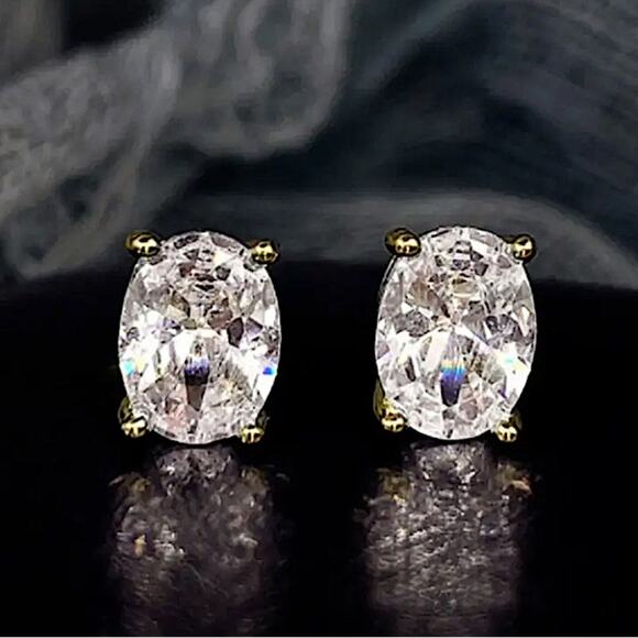 Gold Oval Cubic Zircon Stud Earrings, Wedding, Bridal, Anniversary - Picture 3 of 3